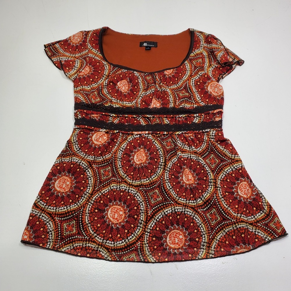 AB Studio Women's Top Medium Boho Medallion Print Empire Waist Peplum Blouse